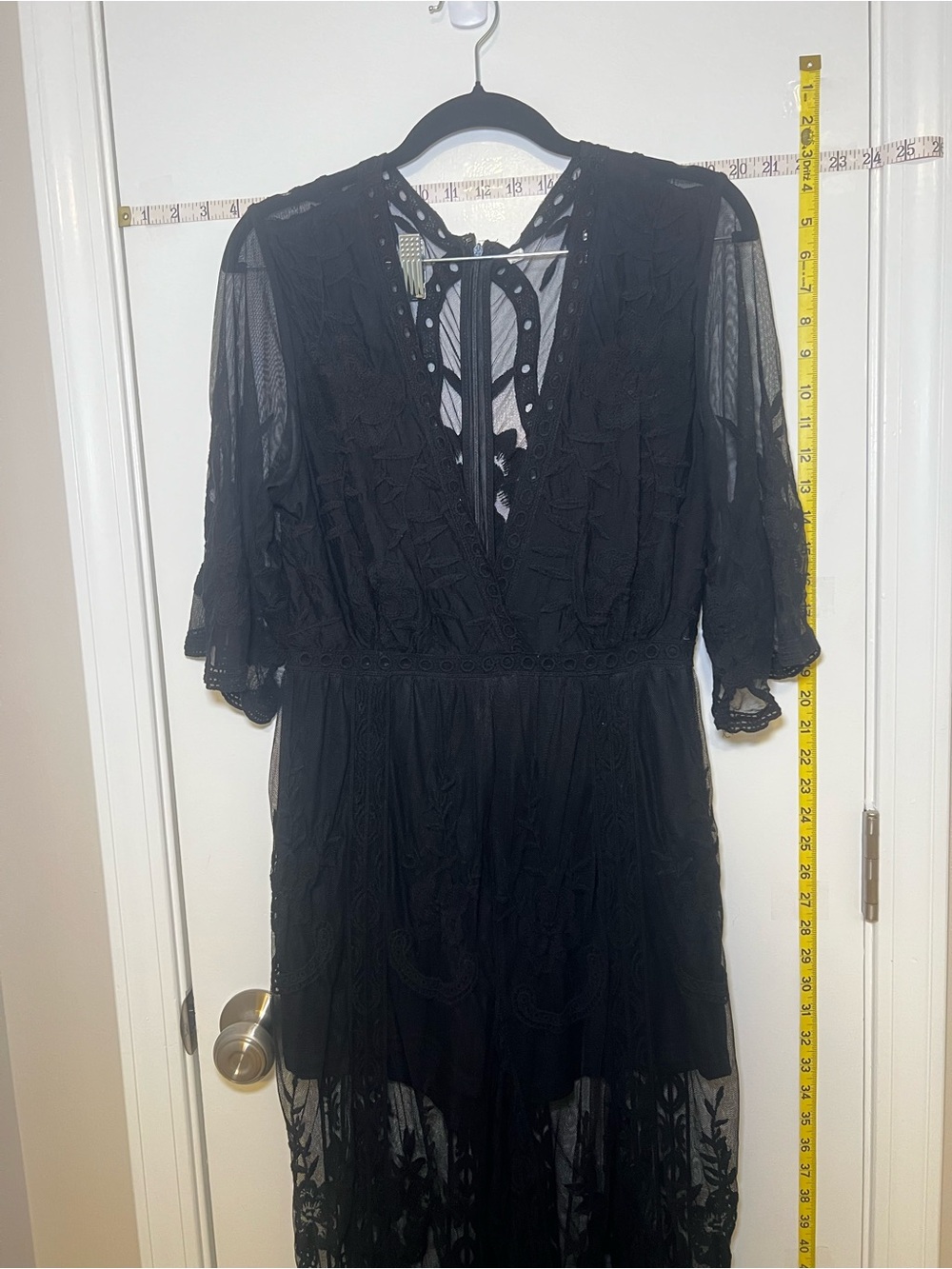 Sheer Mesh Black Lace Long Romper Jumpsuit with Deep V Neck Detail With Shorts